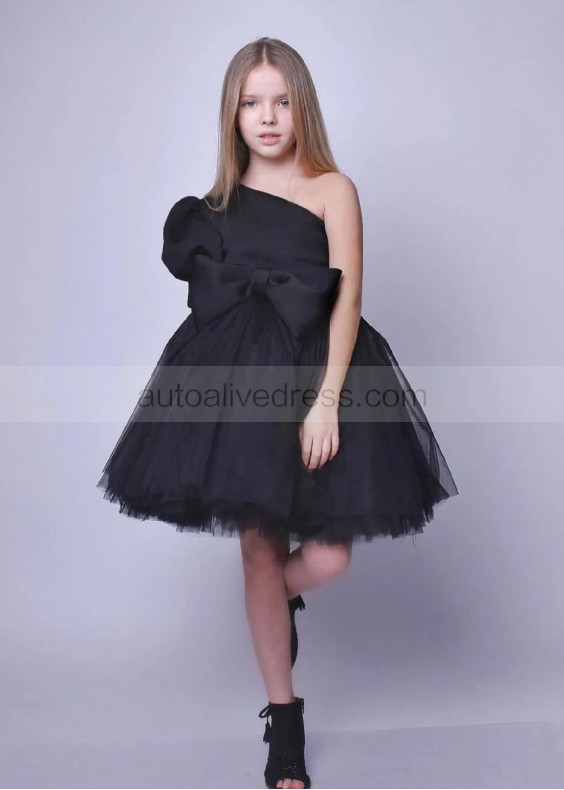 One Shoulder Black Satin Tulle Flower Girl Dress